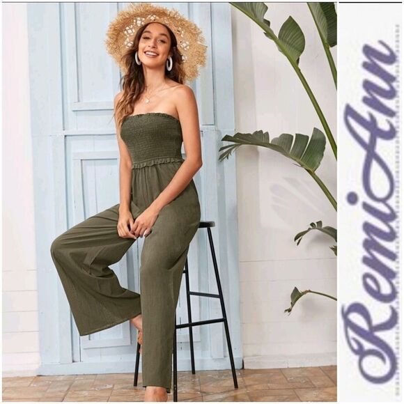 Frill Trim Shirred Bodice Tube Jumpsuit - Picture 1 of 7